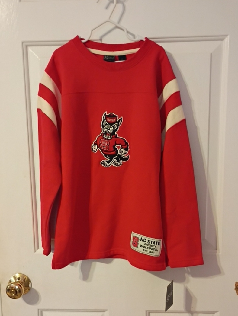 STATE Red Kids Sweatshirt with White Sleeve Stripes and Wolfpack Patch